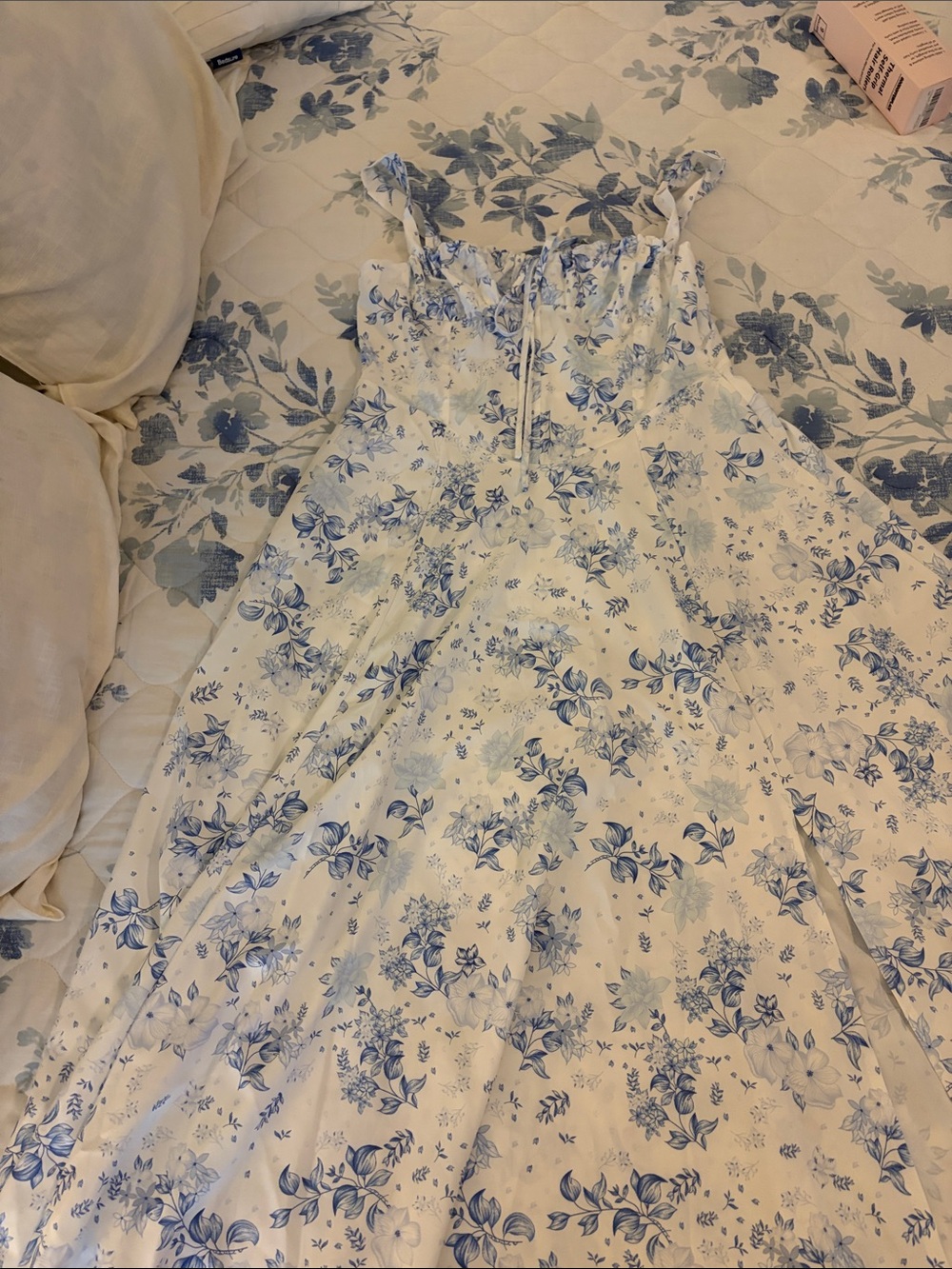 White Corset Sundress with Blue Floral Print